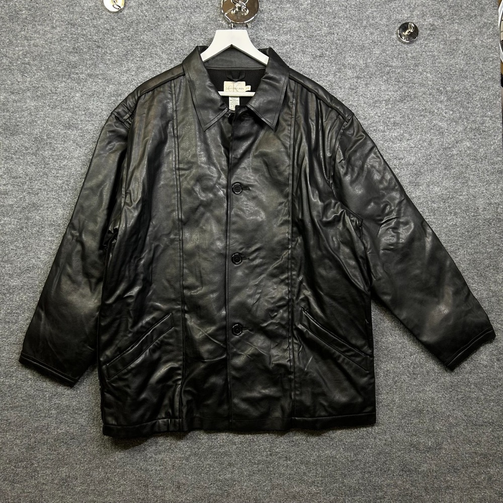 Calvin Klein Faux Leather Jacket Mens L Black Good Fleece Lined Biker Mid-Length
